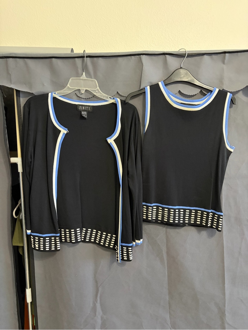 Finity Black Tank Top and Matching Open Cardigan with Blue & White Trim